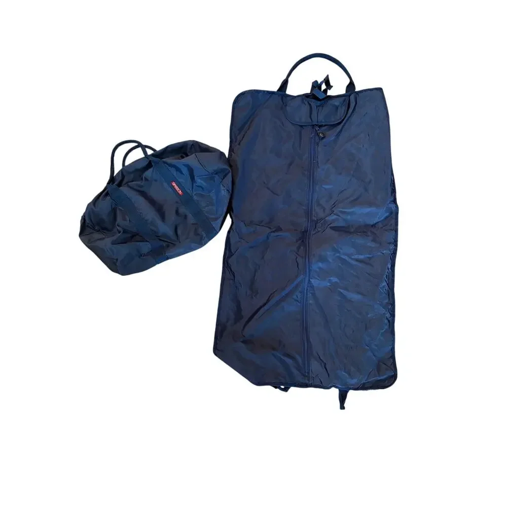 Vintage Sasson Fold Over Garment Bag & Duffel Set Navy Blue Travel Luggage